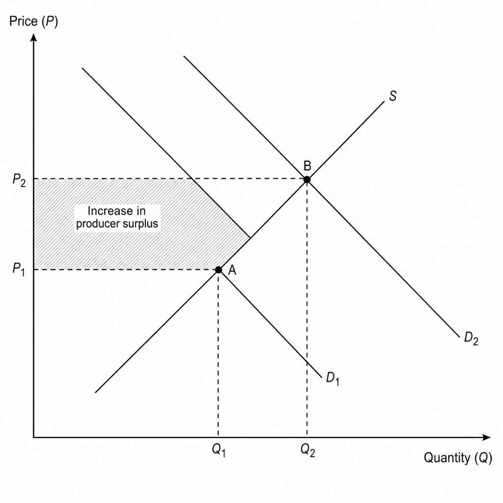 A supply and demand diagram for electric bicycles showing the rightward shift of the demand curve and the resulting increase in producer surplus.
