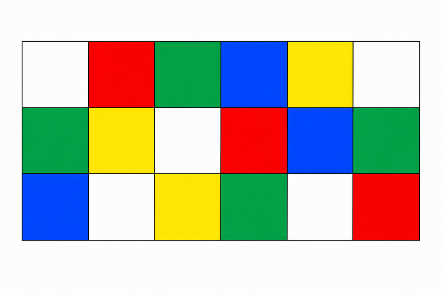A grid of 3 rows and 6 columns. The pixels consist of 5 different colors distributed across the grid: Red, Green, Blue, Yellow, and White.