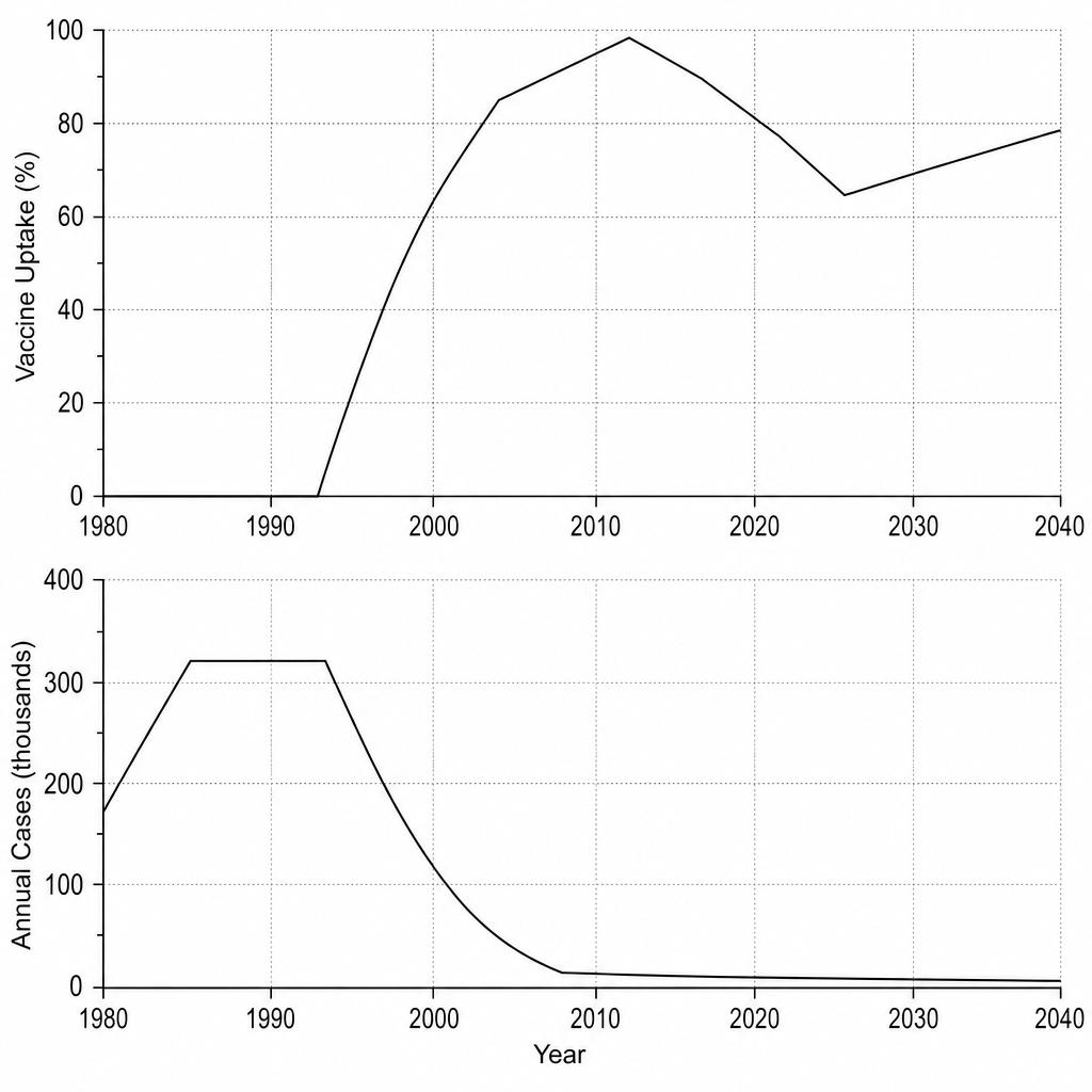 Two line graphs representing Vaccine Uptake (%) and Annual Cases (thousands) of rubella in Eldoria from 1980 to 2040