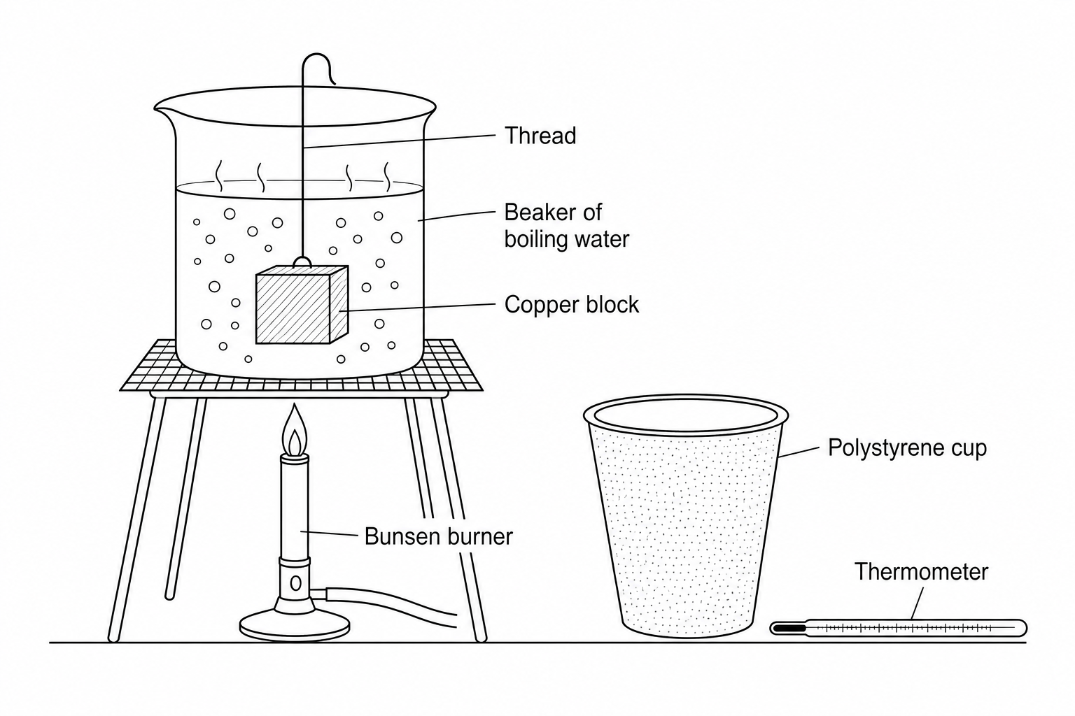 Experimental setup showing a beaker of boiling water on the left, heated by a Bunsen burner. A copper block with a piece of thread tied to it is submerged in this boiling water. To the right is an empty polystyrene cup (calorimeter) used to hold cold water, and a thermometer nearby on the bench.