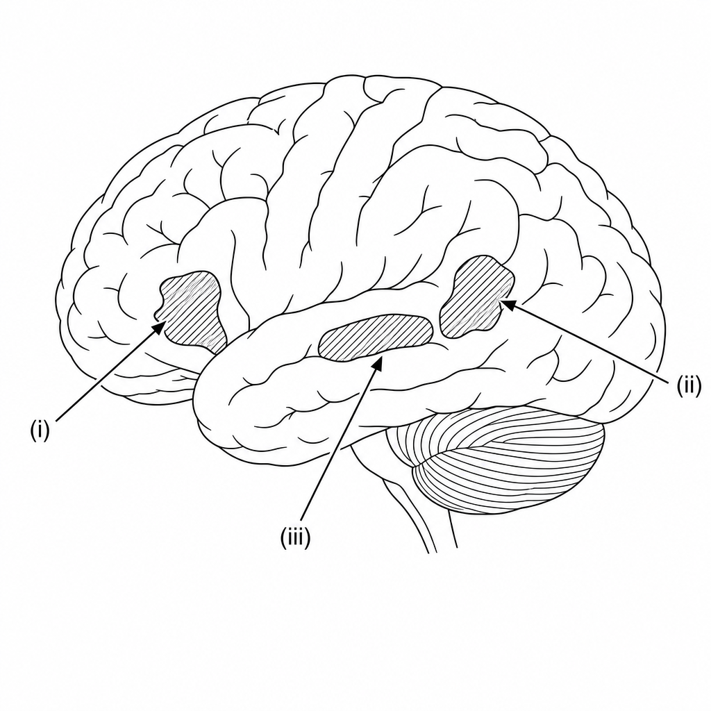 A lateral view of the left hemisphere of the human brain with three functional areas highlighted: (i) Broca's area, (ii) Wernicke's area, and (iii) the auditory cortex.