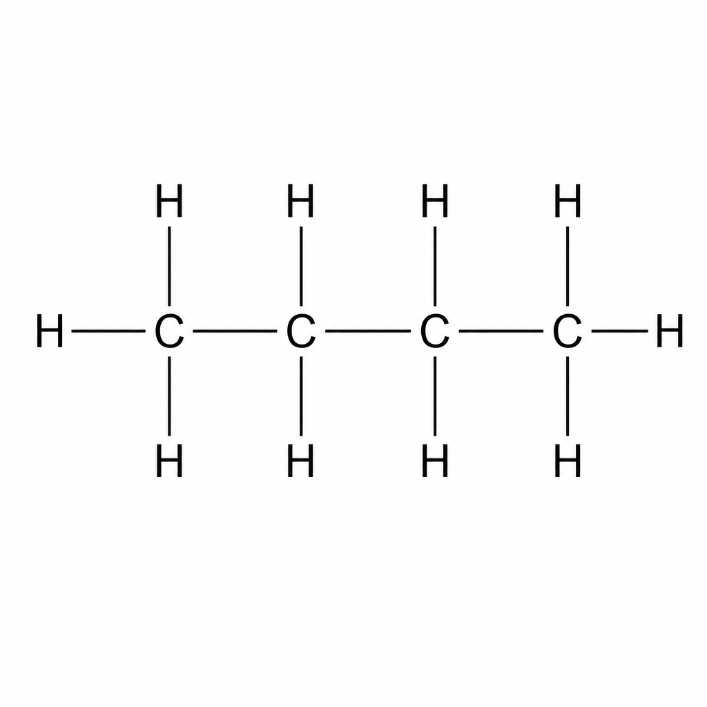Structural formula of a butane molecule, consisting of a chain of 4 carbon atoms single-bonded to each other, with each carbon bonded to hydrogen atoms to make a total of 10 hydrogen atoms, C4H10