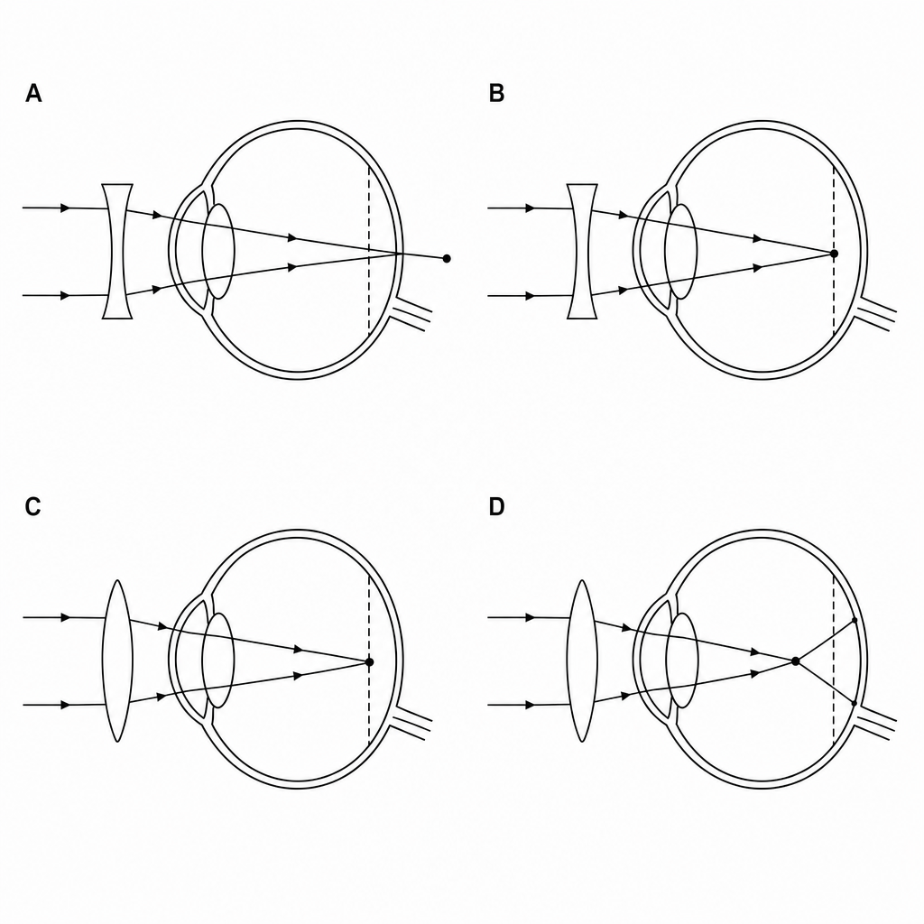 Four ray diagrams showing attempts to correct hyperopia with different lenses.