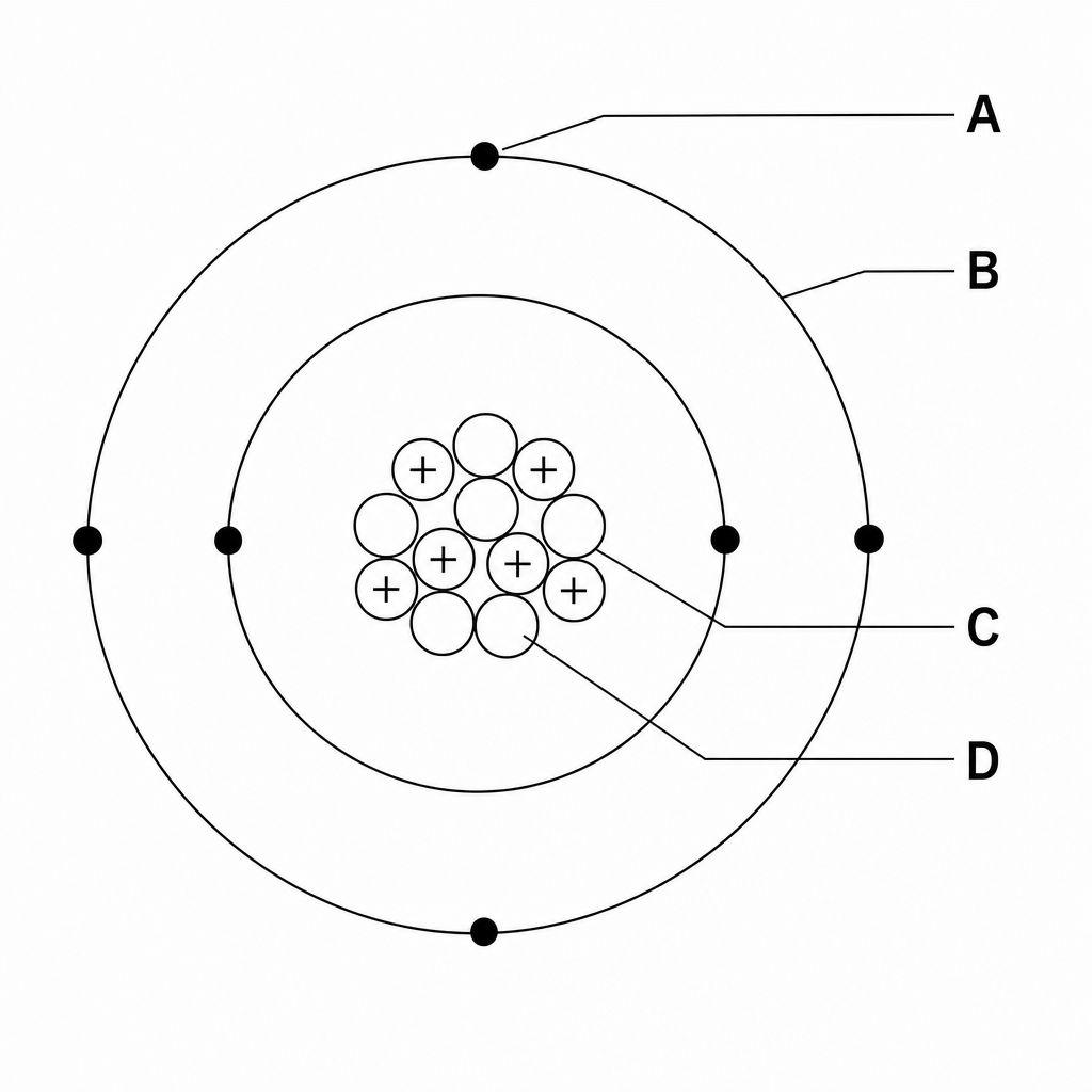 A diagram of a carbon-12 atom with four label lines. The diagram shows a central nucleus containing six protons with '+' signs and six blank neutrons. Surrounding the nucleus are two concentric circles representing electron shells, with two electrons represented as dots on the inner circle and four electrons on the outer circle. Label A points to an electron on the outer orbit. Label B points to the outer circular energy level itself. Label C points directly to one of the protons with a '+' sign in the nucleus. Label D points to one of the blank neutrons in the nucleus.