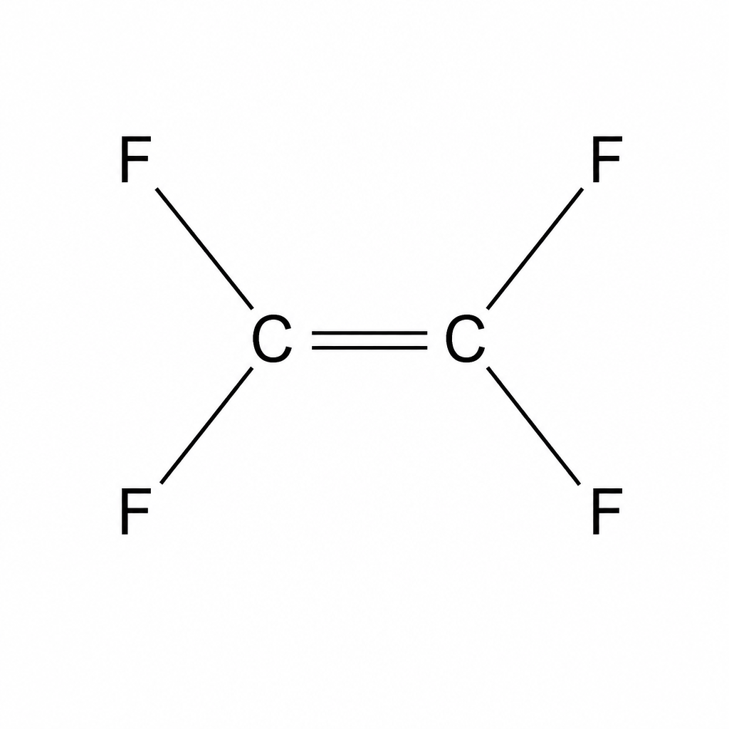 A diagram of a tetrafluoroethene monomer showing a planar structure. In the center, there is a carbon-to-carbon double bond, C=C. Each carbon atom is further bonded to two fluorine atoms, single-bonded as C-F, making a total of four fluorine atoms symmetrically arranged around the double-bonded carbon atoms.