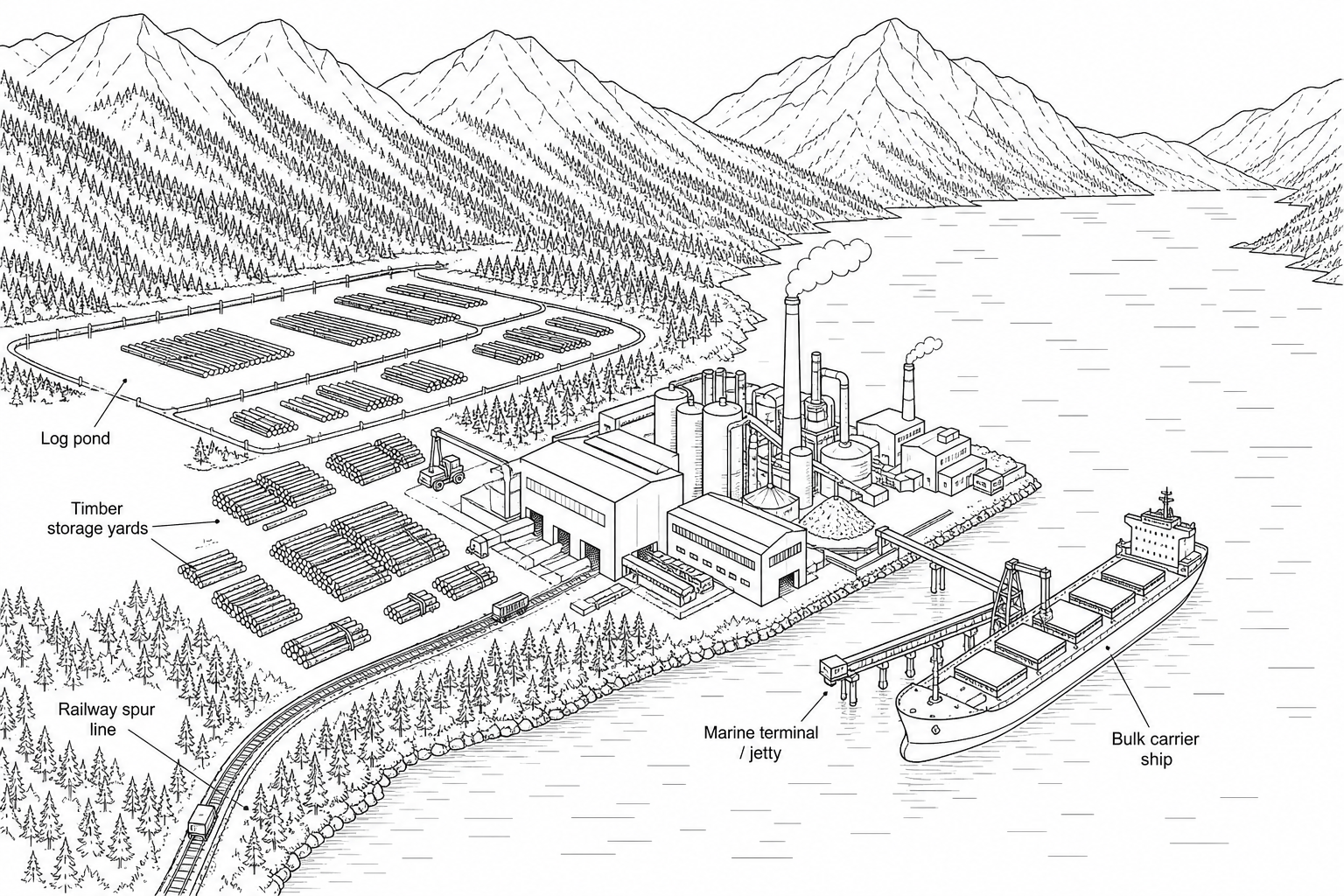 An aerial photograph of a large, modern forestry and paper processing factory situated on the edge of a deep-water coastal fjord. In the background, steep, towering mountains are covered in dense coniferous forests. Adjacent to the factory structures are vast log ponds and outdoor storage yards stacked with cut timber. A marine terminal/jetty extends into the deep water where a large bulk carrier ship is docked. A railway spur line is visible connecting the rear of the processing facility to the main transport network.