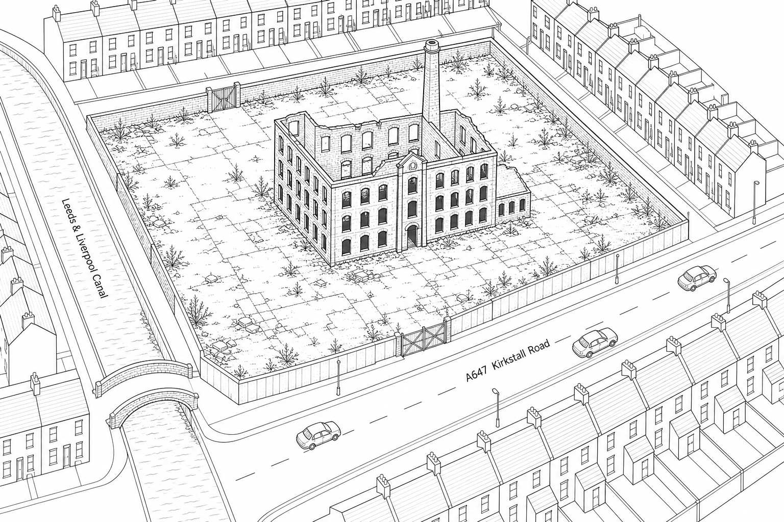 Figure 3a: A photograph of a disused textile mill and surrounding vacant land in Leeds. The site contains empty brick factory buildings, deteriorating concrete paved areas with weeds growing through, surrounded closely by existing Victorian terraced housing, a canal, and a nearby main road.