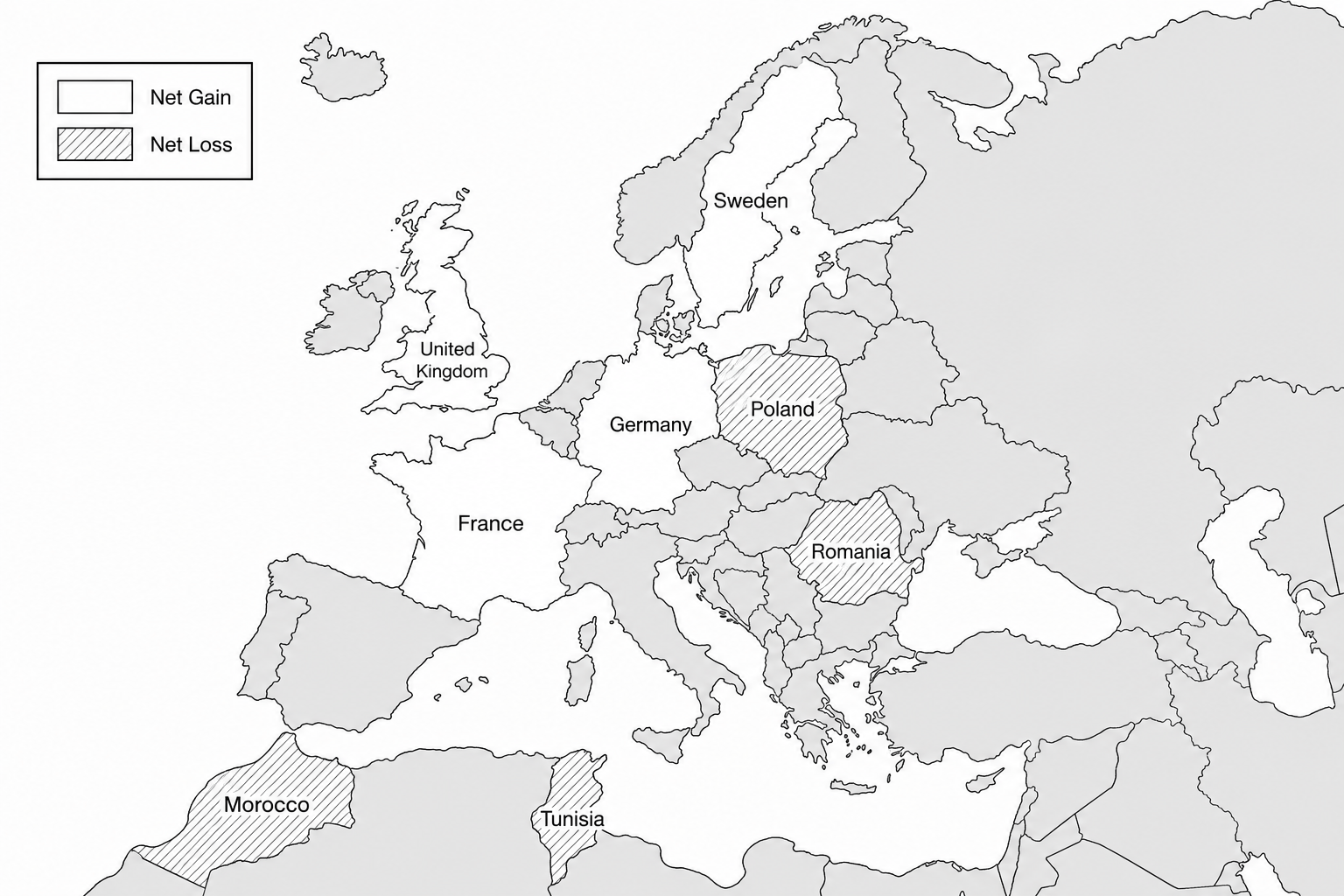 Figure 4: A simplified map of Europe and North Africa showing net migration rates in 2022.