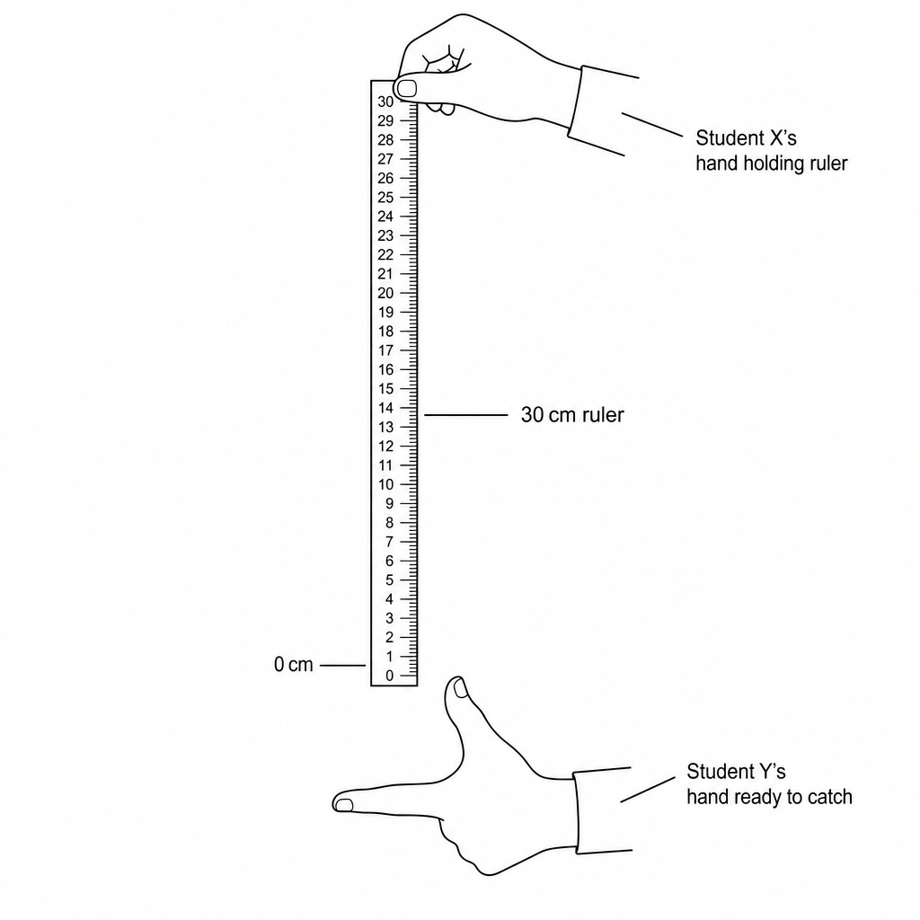 Diagram showing Student X holding a vertical 30 cm ruler from the top end, which is suspended between the outstretched thumb and forefinger of Student Y at the 0 cm mark. Student X is preparing to drop the ruler, and Student Y is preparing to catch it.