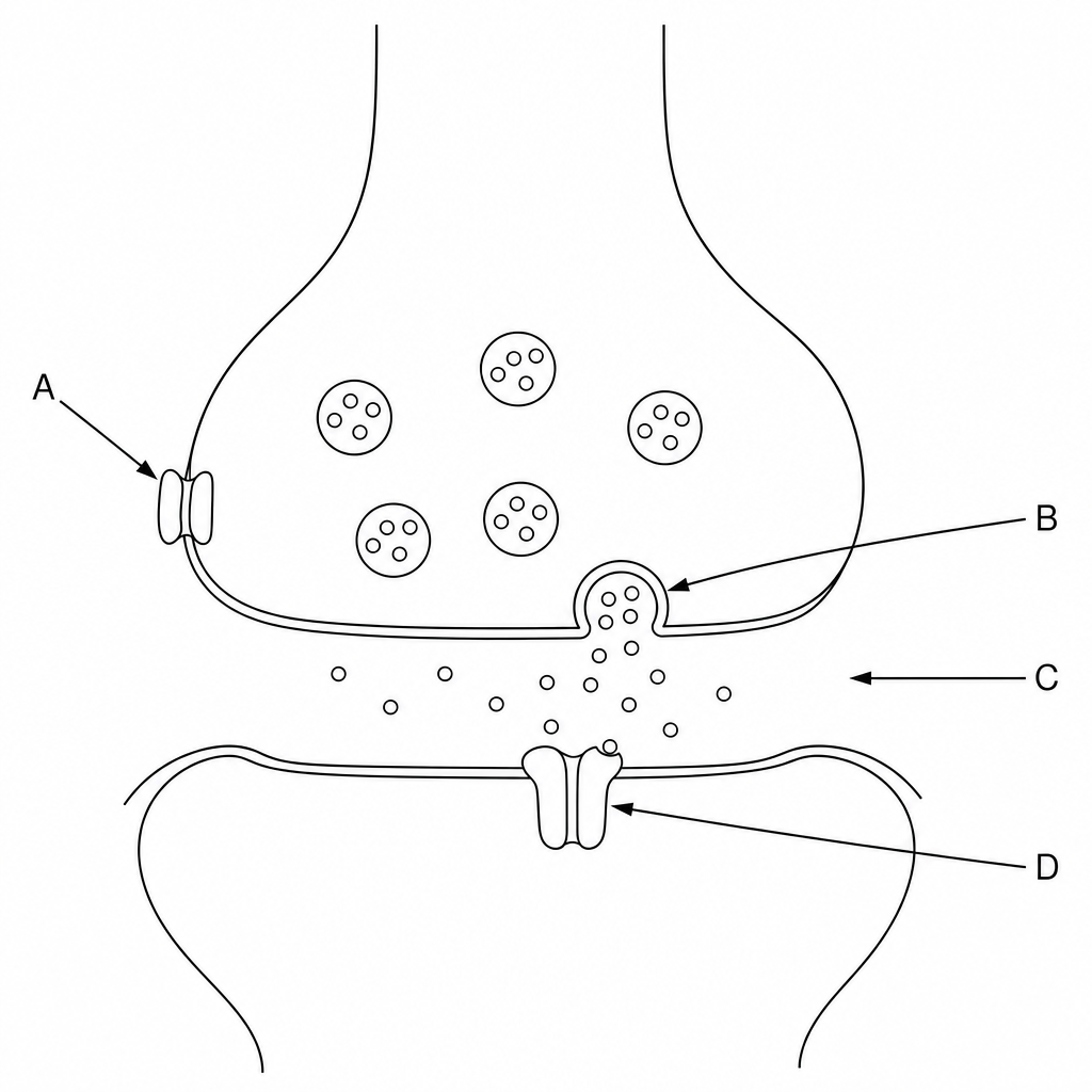 Schematic diagram of a synapse showing a presynaptic terminal, synaptic cleft, and postsynaptic membrane. Label A points to a channel on the presynaptic membrane. Label B points to a vesicle fusing with the presynaptic membrane. Label C points to the synaptic cleft. Label D points to a channel on the postsynaptic membrane.