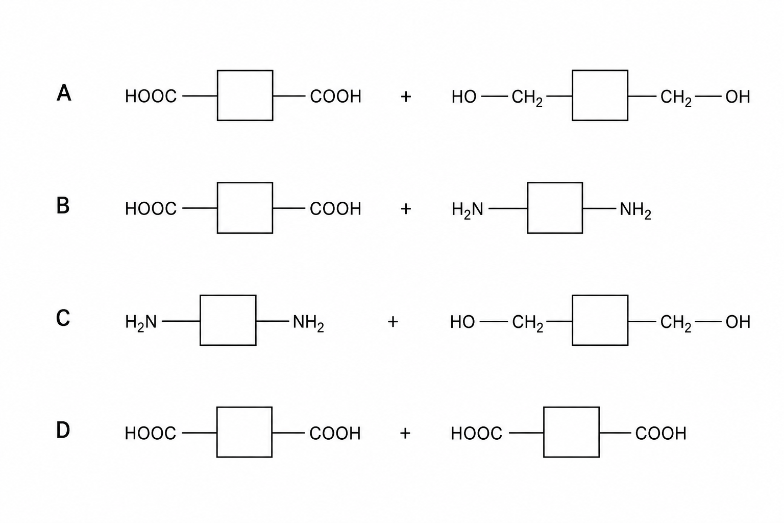 Pairs of monomers labeled A, B, C, and D