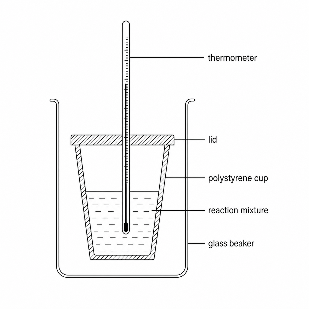 Diagram of a simple calorimeter, showing a polystyrene cup containing a reaction mixture supported inside a glass beaker for stability. A thermometer is placed through a lid into the reaction mixture.