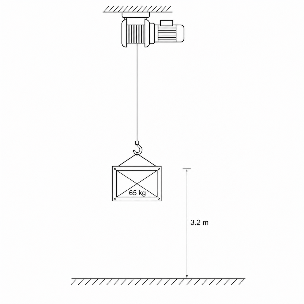 A diagram showing a motorized hoist lifting a crate vertically off the ground to a height of 3.2 m. The crate has a mass labels of 65 kg.