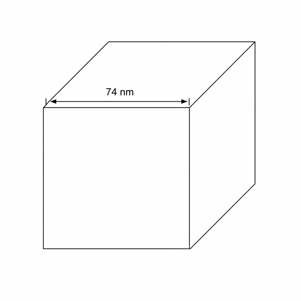 A line-drawing diagram of a cube representing a nanoparticle. A double-headed horizontal arrow above the top-front edge is labeled 74 nm.