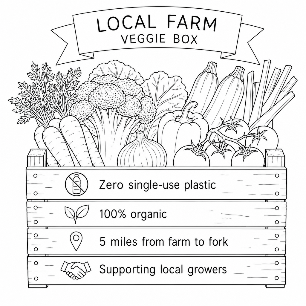 Figure 1b: A promotional graphic for a 'Local Farm veggie box' scheme. It features a wooden crate filled with seasonal vegetables, labeled 'Zero single-use plastic, 100% organic, 5 miles from farm to fork, supporting local growers'.