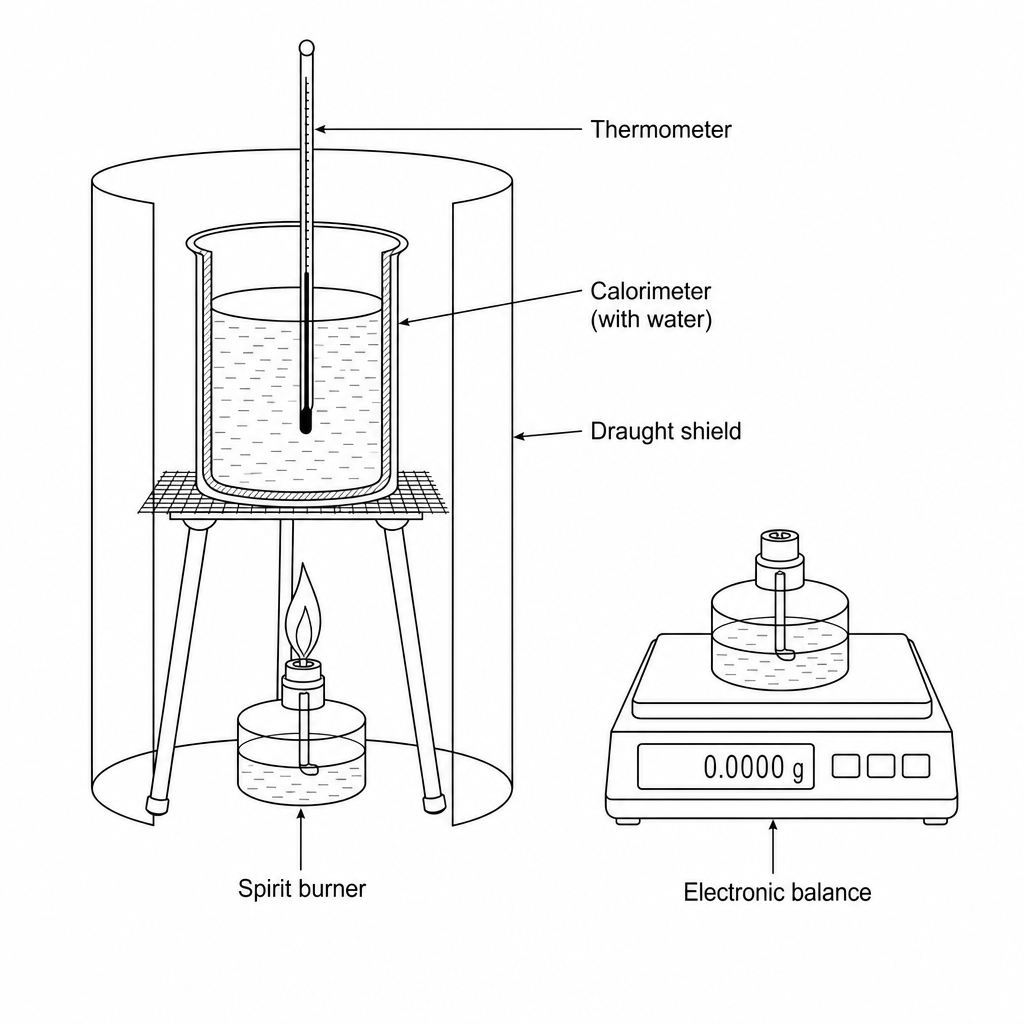 Diagram showing a calorimeter/beaker containing water, supported above a spirit burner on a tripod and gauze. A thermometer is positioned in the water. A draught shield surrounds the setup, and an electronic balance is shown nearby for weighing the burner. 
