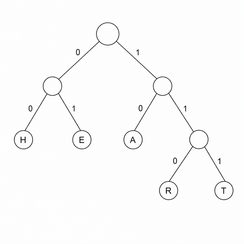 Figure 1: A Huffman tree representing characters H, E, A, R, and T.