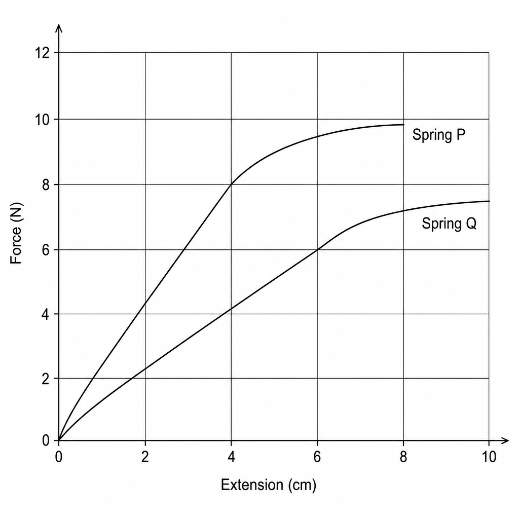Graph showing Force (N) on the vertical axis against Extension (cm) on the horizontal axis. The vertical y-axis ranges from 0 to 12 N with major grid lines every 2 N and minor grid lines every 0.2 N. The horizontal x-axis ranges from 0 to 10 cm with major grid lines every 2 cm and minor grid lines every 0.2 cm. Curve P is a straight, linear line from the origin (0,0) to (4.0 cm, 8.0 N), after which it curves and flattens, ending at approximately (8.0 cm, 9.8 N). Curve Q is a straight, linear line from the origin (0,0) to (6.0 cm, 6.0 N), after which it curves and flattens, ending at approximately (10.0 cm, 7.5 N).