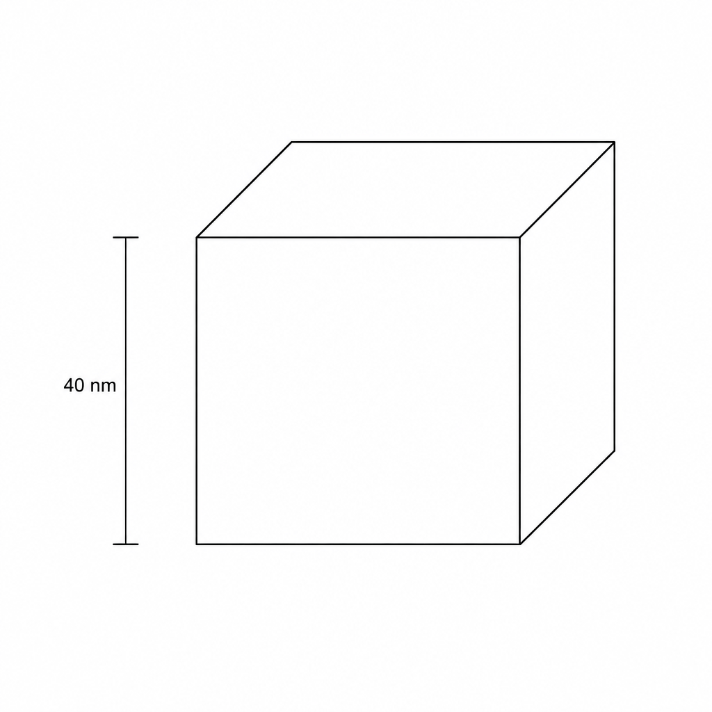 A line drawing of a 3D cube representing a silver nanoparticle, with its vertical edge labeled 40 nm.