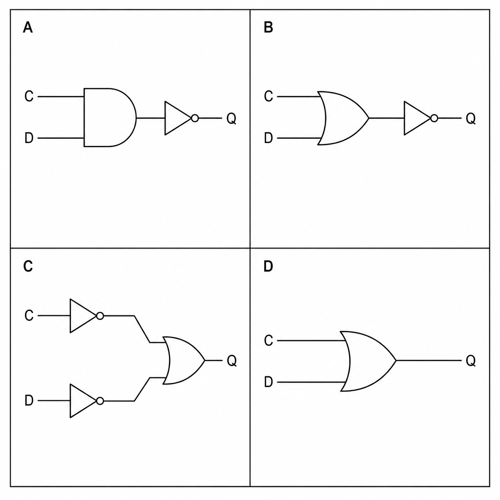 Logic gate diagrams labeled A, B, C, and D