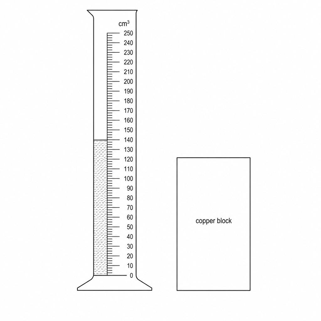 A measuring cylinder with water at 140 cm³ next to a copper block