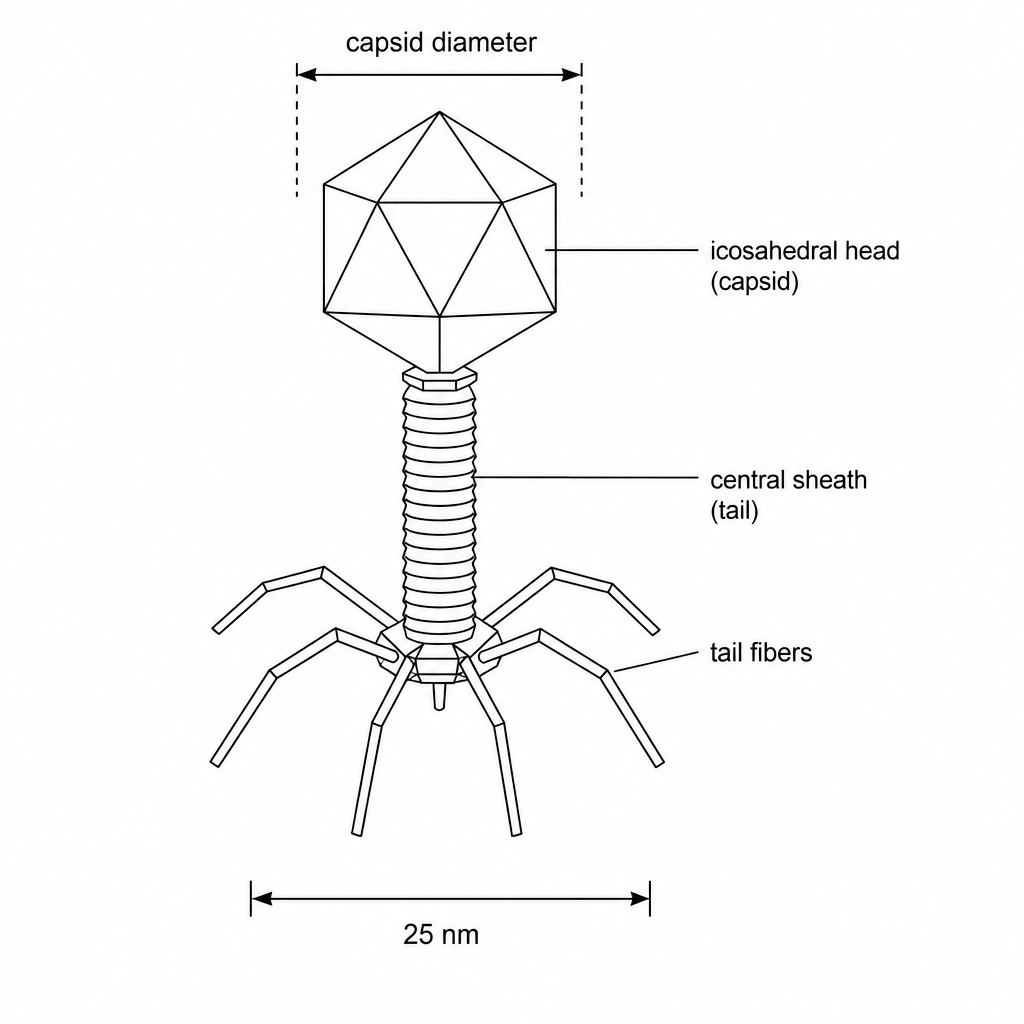 A scientific diagram of a T4 bacteriophage showing its icosahedral head, central sheath, tail fibers, and a scale bar representing 25 nm.