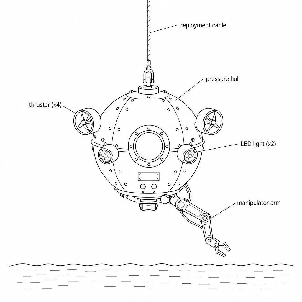 Figure 1: A spherical deep-sea scientific dive probe hanging from a deployment cable on a research vessel. The probe is equipped with thrusters, external lights, and a mechanical manipulator arm, suspended just above the water surface.