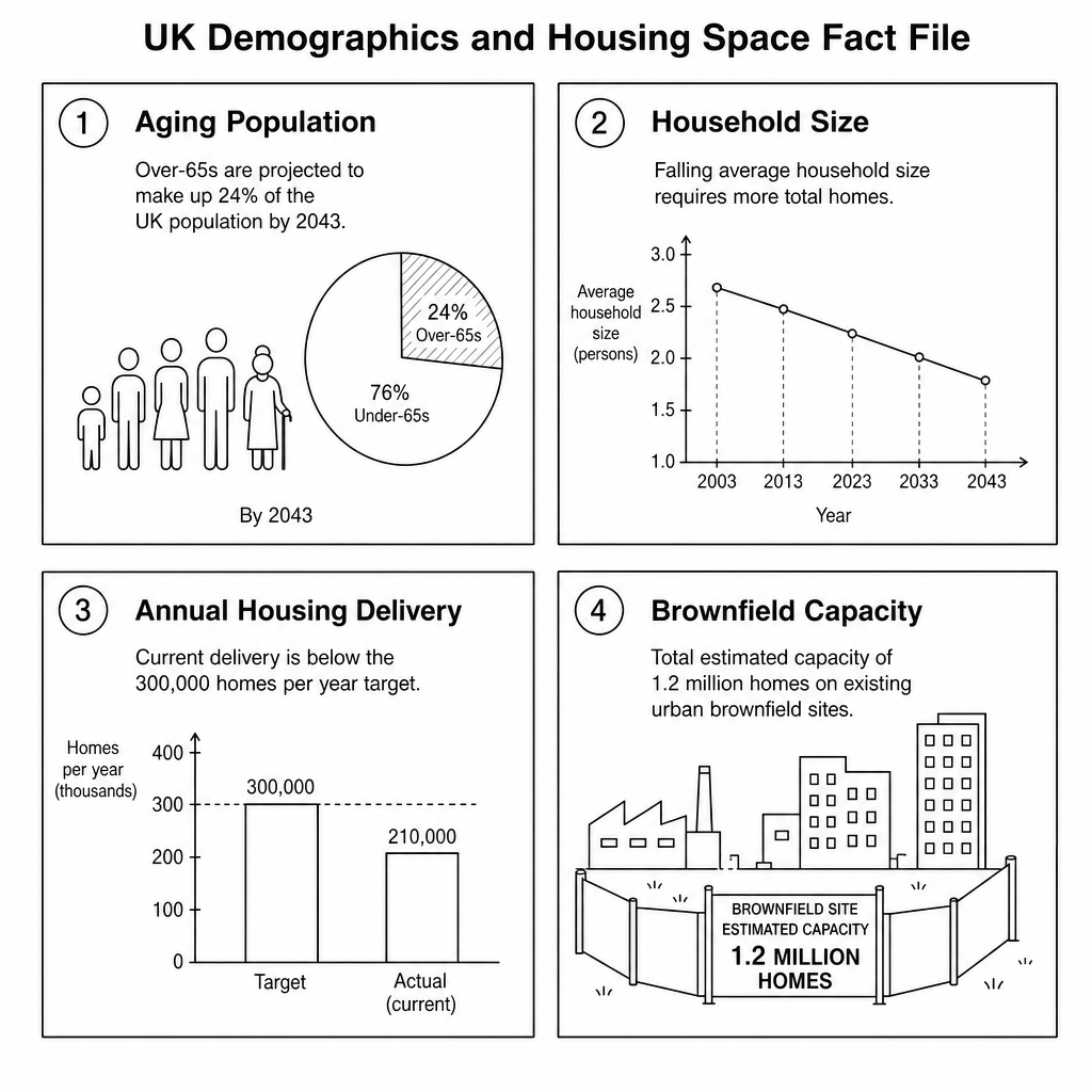A text-based fact file detailing UK demographics. Key points: 1. Over-65s are projected to make up 24% of the UK population by 2043, increasing demand for accessible housing. 2. Average household size is falling, meaning more homes are needed even for the same population. 3. Target housing delivery: 300,000 homes per year. Actual current delivery: ~210,000 homes per year. 4. Total estimated capacity on existing urban brownfield sites is 1.2 million homes.