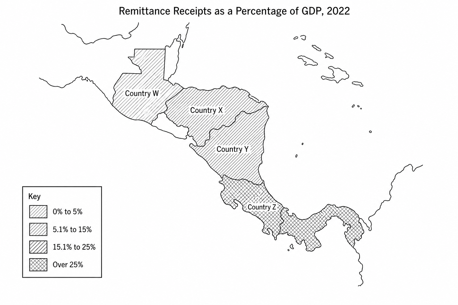 Map showing remittance receipts as a percentage of GDP in 2022 in selected Central American countries