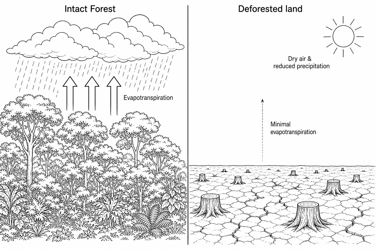 Figure 1: An educational diagram comparing the water cycle and local atmospheric conditions in an intact tropical rainforest versus deforested land.