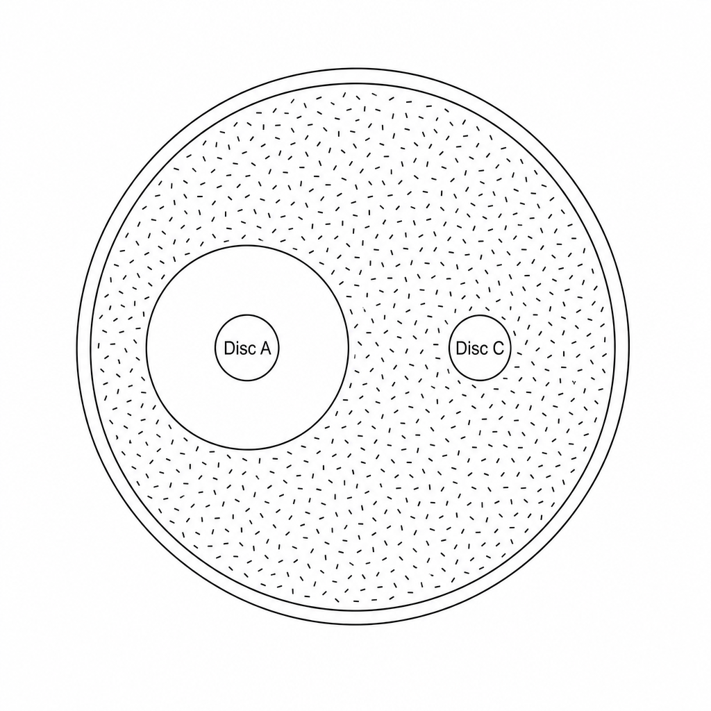An agar plate showing a lawn of bacterial growth. On the left side, Disc A has a distinct, clear circular zone of inhibition around it. On the right side, Disc C has no clear zone around it.