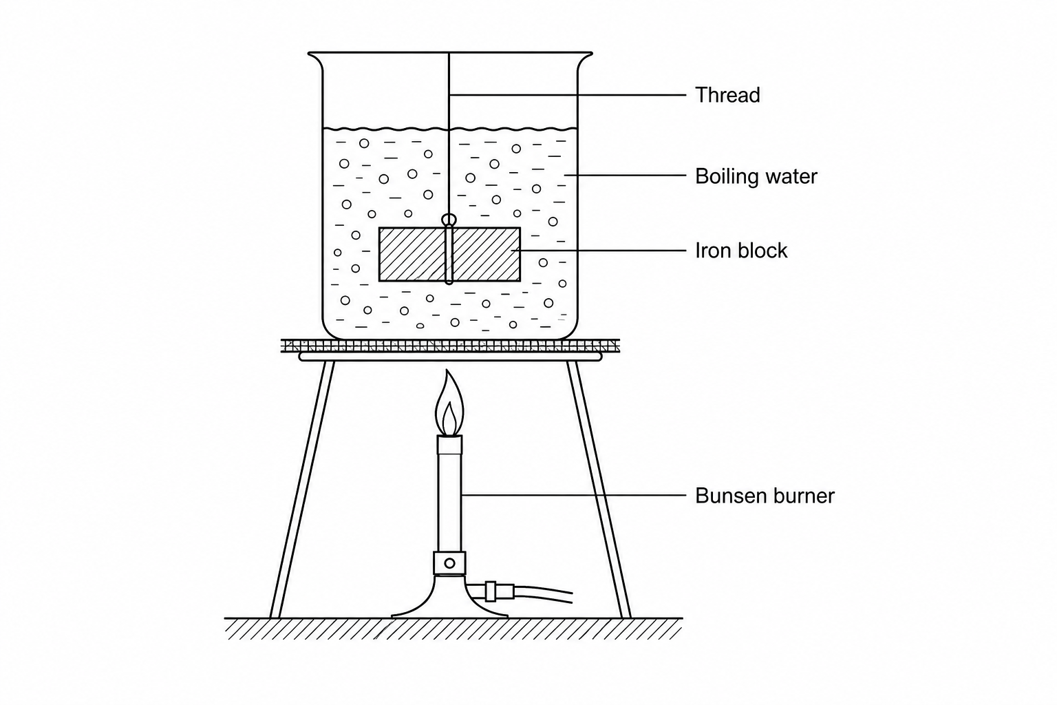 A diagram showing a glass beaker filled with boiling water heated by a Bunsen burner. A piece of iron with a thin thread tied to it is submerged in the water.