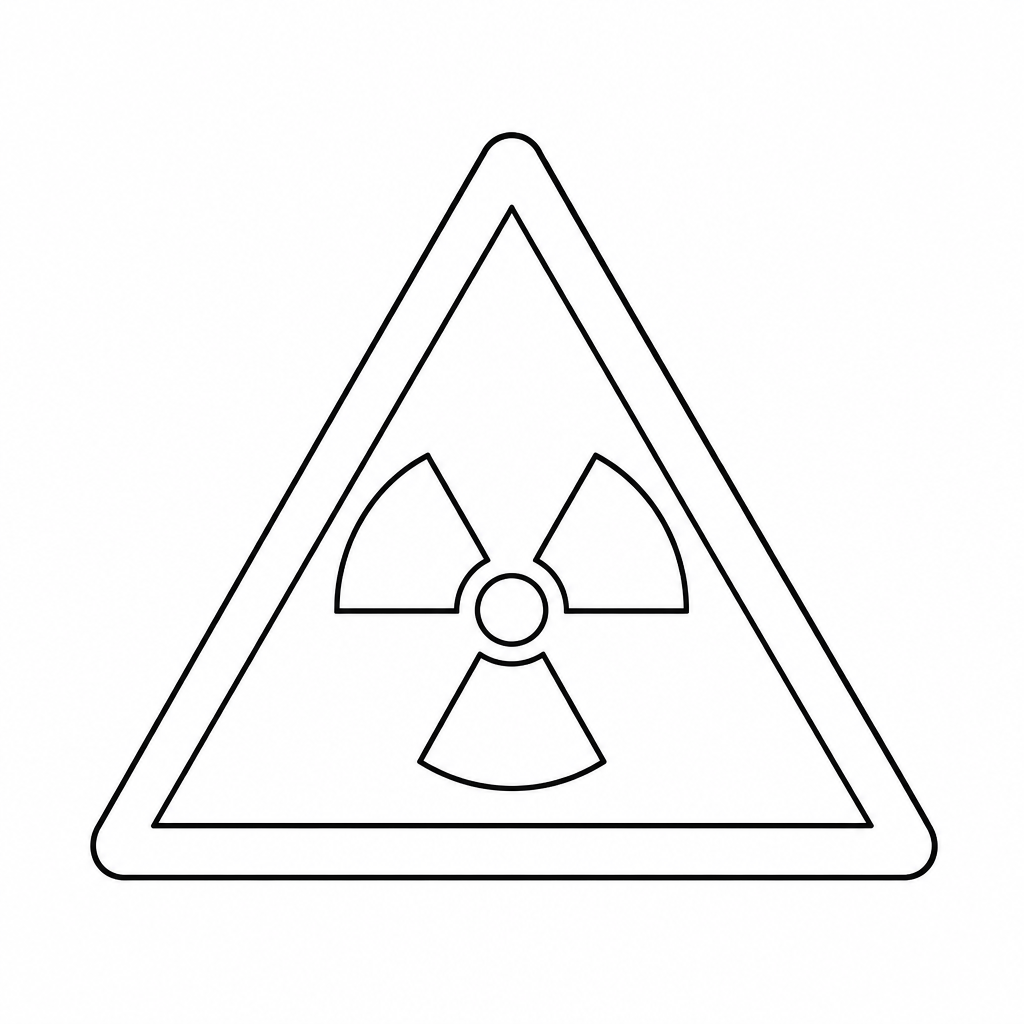 A yellow, triangular hazard warning symbol featuring a black trefoil symbol, indicating the presence of ionising radiation.
