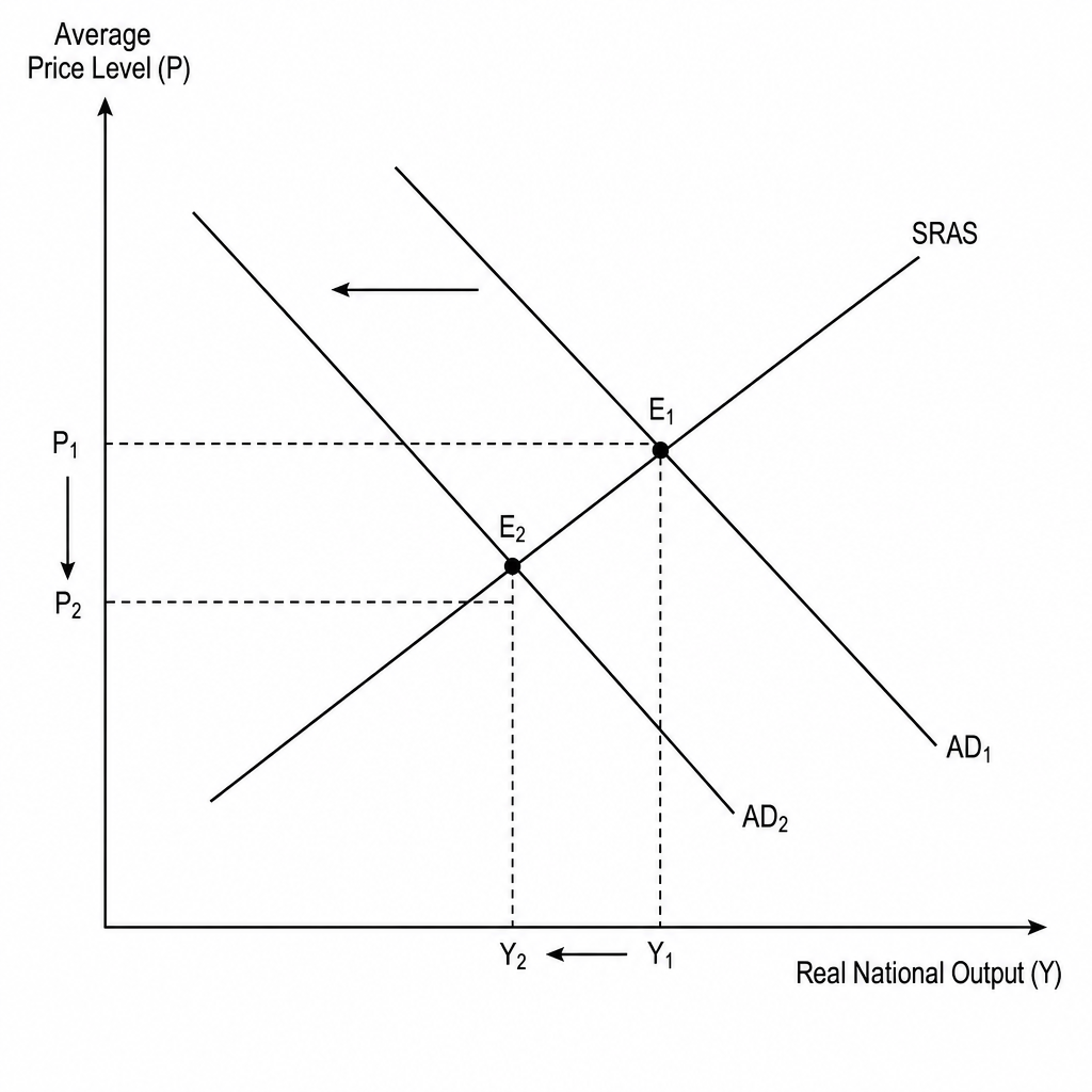 An AD-AS diagram showing a leftward shift in the Aggregate Demand (AD) curve. The vertical axis is labeled 'Average Price Level (P)' and the horizontal axis is labeled 'Real National Output (Y)'. An upward-sloping short-run aggregate supply curve (SRAS) is intersected by an initial downward-sloping aggregate demand curve (AD1) at equilibrium point E1, with price level P1 and output Y1. A second aggregate demand curve (AD2) is drawn parallel and to the left of AD1. The new equilibrium point E2 is at the intersection of AD2 and SRAS, showing a lower price level P2 and lower real national output Y2. Arrows indicate the downward shift in price level from P1 to P2, and the leftward shift in output from Y1 to Y2.