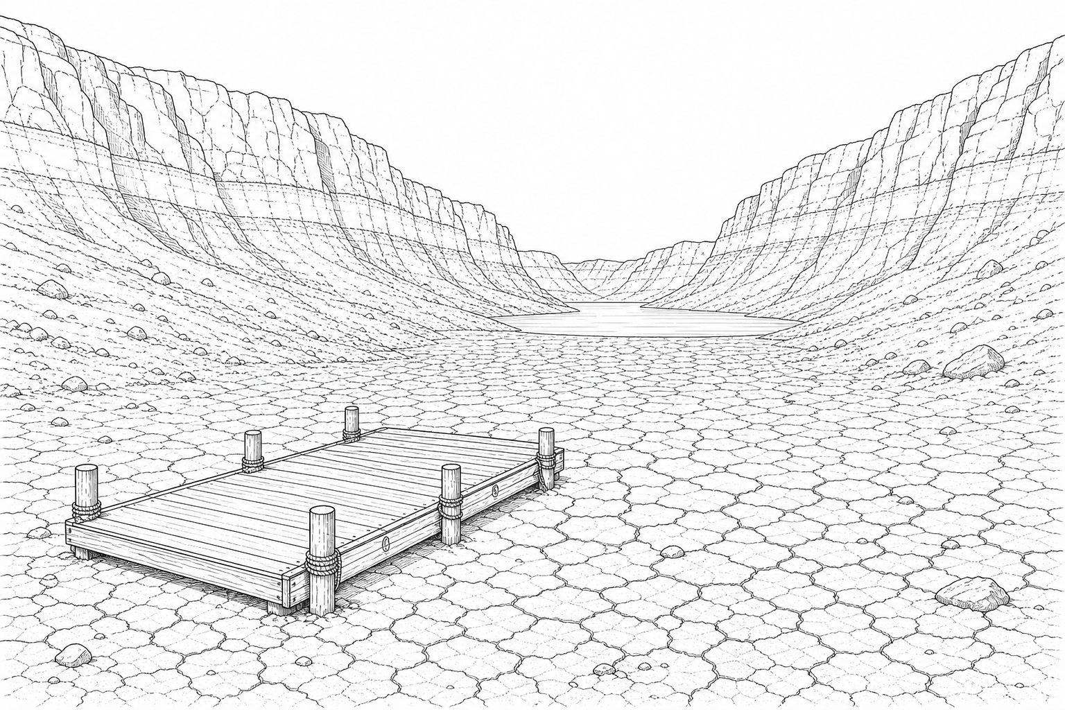 Figure 1: A reservoir affected by severe drought, showing a wooden dock stranded on cracked, dry mud, a highly receded water level in the background, and a prominent 'bathtub ring' mineral line on the canyon walls.