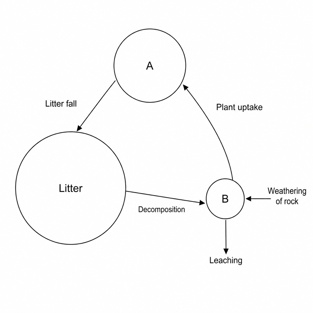 A simplified Gersmehl diagram of the taiga (boreal forest) nutrient cycle. It consists of three circular stores of environmental nutrients connected by transfer arrows. The largest circle is labeled 'Litter'. One of the remaining circles is labeled 'A'; it has an incoming arrow representing 'Plant uptake' and an outgoing arrow pointing to Litter representing 'Litter fall'. The final, smallest circle is labeled 'B'; it has incoming arrows representing 'Decomposition' and 'Weathering of rock', and an outgoing arrow representing 'Leaching'.