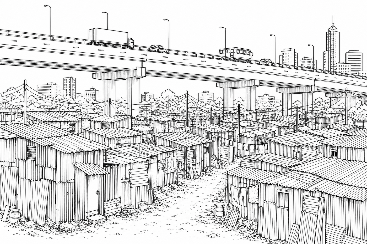 A photograph of an urban area in Nairobi, Kenya. In the foreground, there are densely packed, informal shelters built closely together using temporary materials like corrugated metal sheets and wooden planks. There are no clear paved roads, waste management systems, or formal infrastructure between these dwellings. In the immediate background, a newly built, modern elevated concrete dual-carriageway highway with metal railings stands in sharp contrast to the unplanned settlement below.