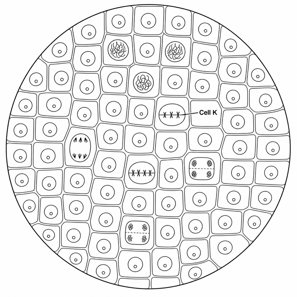 Microscope field of view showing 50 root tip cells, with Cell K highlighted