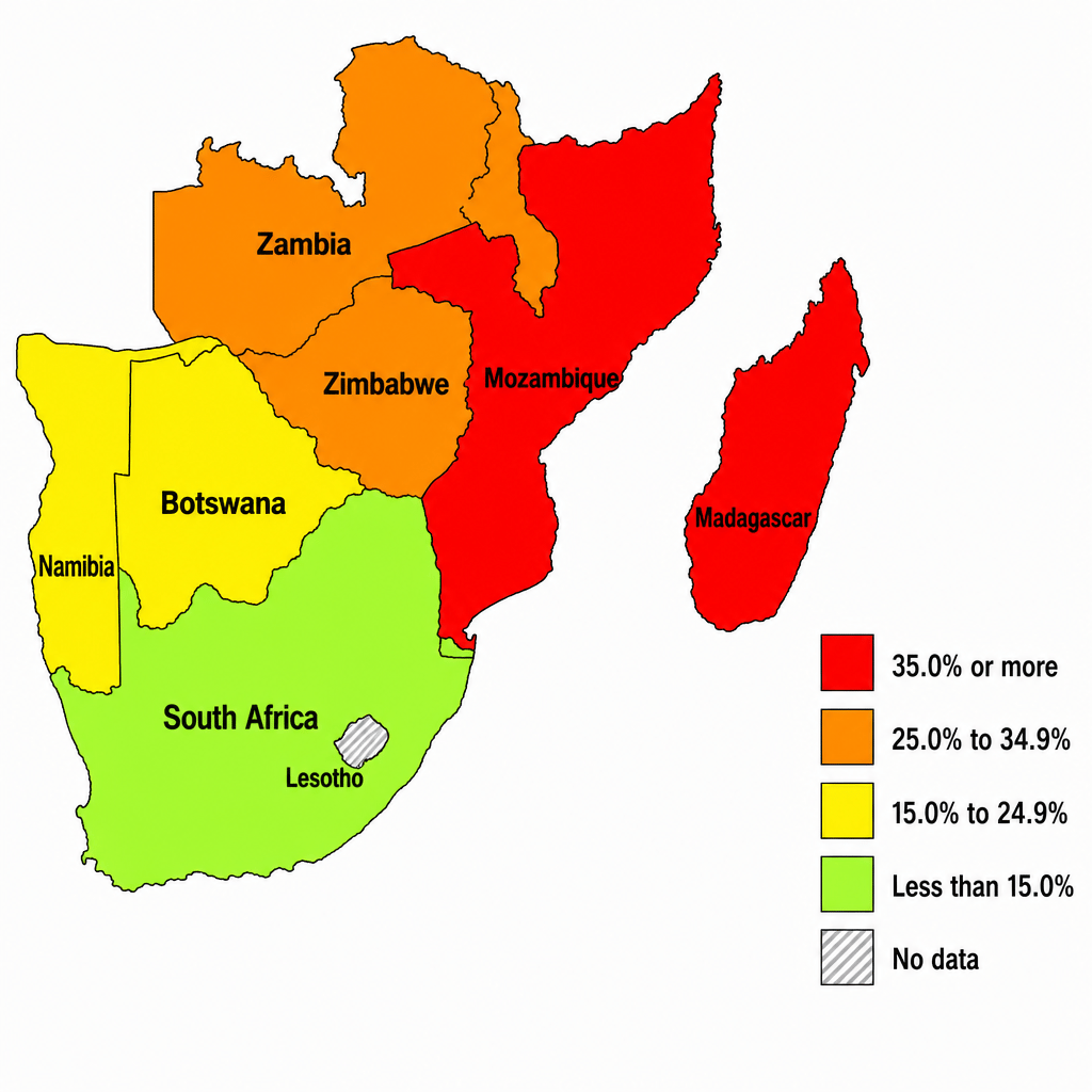 Figure 1: Choropleth map of Southern Africa showing the percentage of the population experiencing undernourishment between 2021 and 2023.