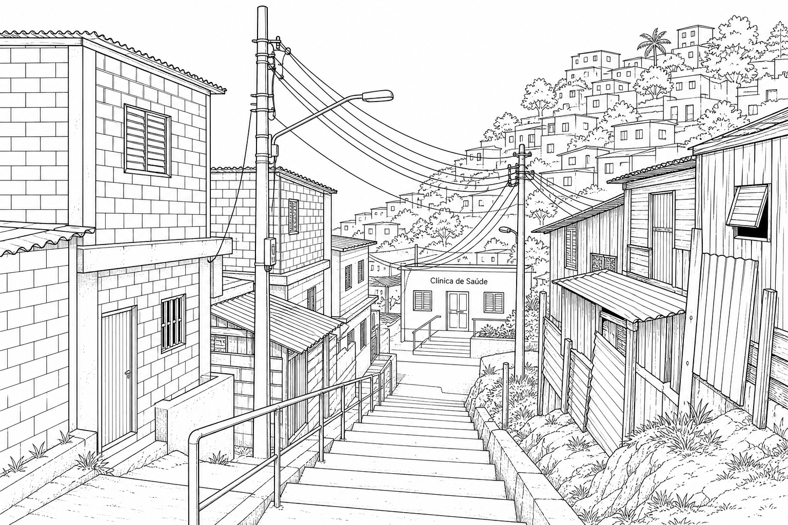 Figure 5a: A photograph showing a hillside informal settlement (favela) in Rio de Janeiro, Brazil. Some houses are being rebuilt with sturdy red bricks and concrete, replacing older wood and corrugated iron structures. A paved stairway with safety handrails runs down the steep slope between homes. Neatly organised overhead power lines and street lamps are visible. In the background, there is a small, freshly painted building with a sign that reads 'Clínica de Saúde' (Health Clinic).