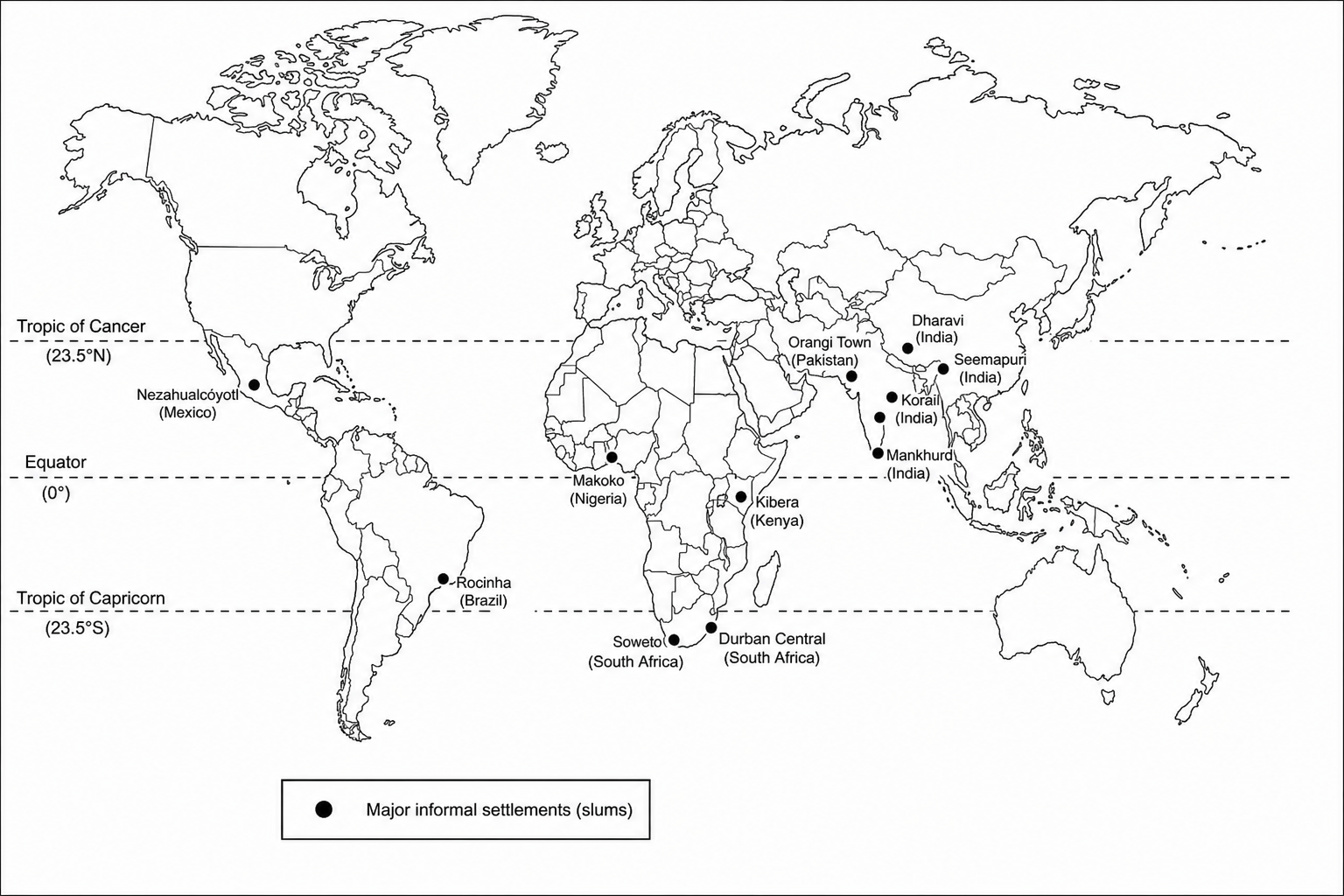 Figure 1: Global distribution of the world's largest informal settlements (slums)