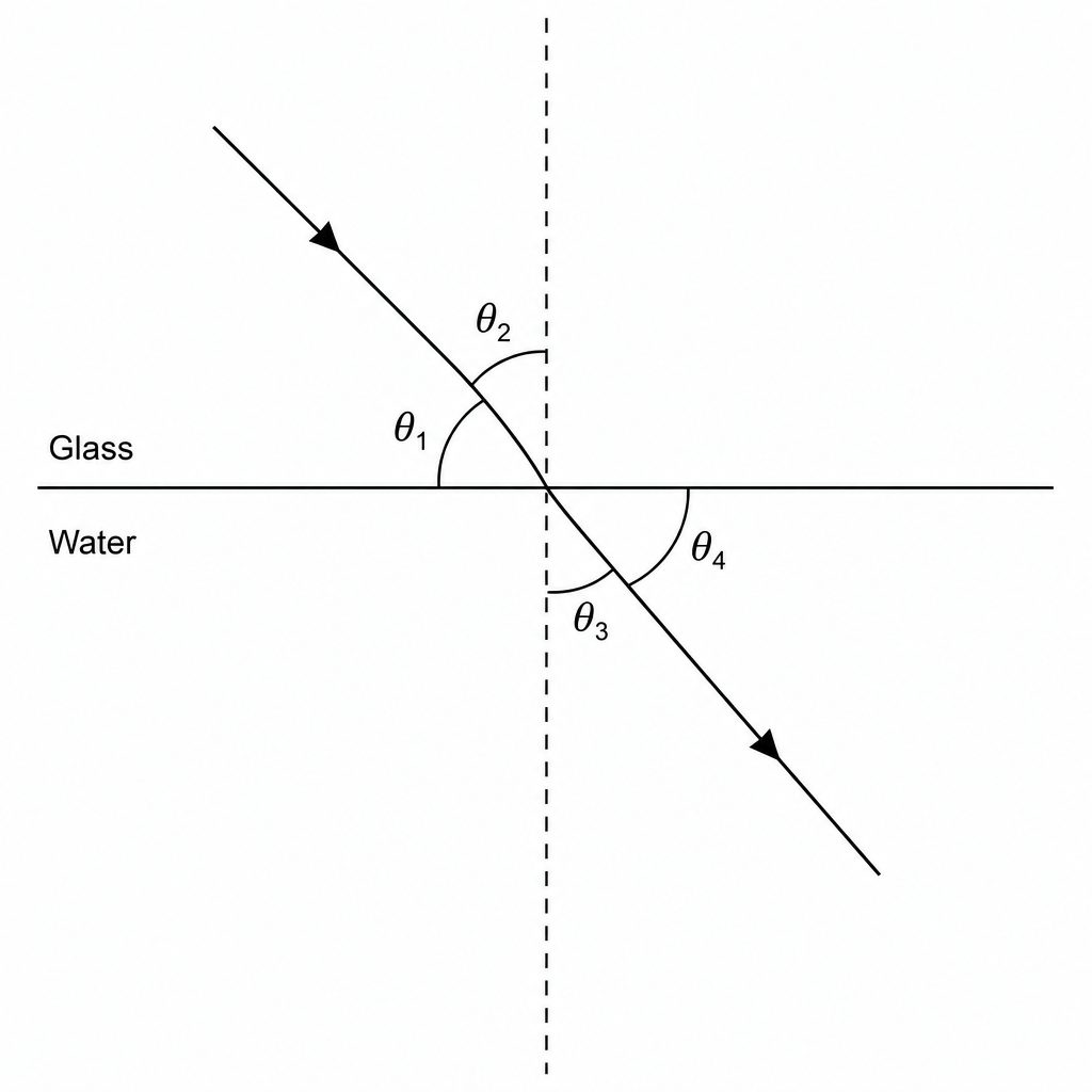 Ray diagram of refraction at a glass-water interface