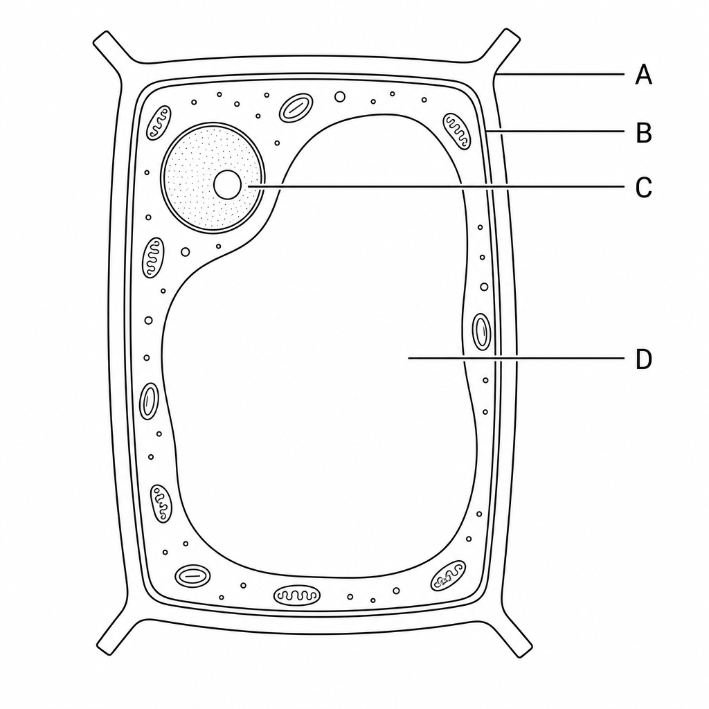 A diagram of a plant cell with labels A, B, C, and D