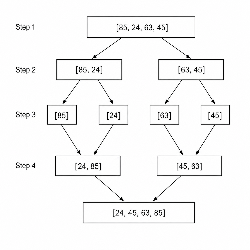 Diagram showing the merge sort process on a list of four numbers: [85, 24, 63, 45]. Step 1 shows the list split into [85, 24] and [63, 45]. Step 2 shows them split into individual elements: [85], [24], [63], and [45]. Step 3 shows the elements merged into sorted pairs: [24, 85] and [45, 63]. Step 4 shows the final merged and sorted list: [24, 45, 63, 85].
