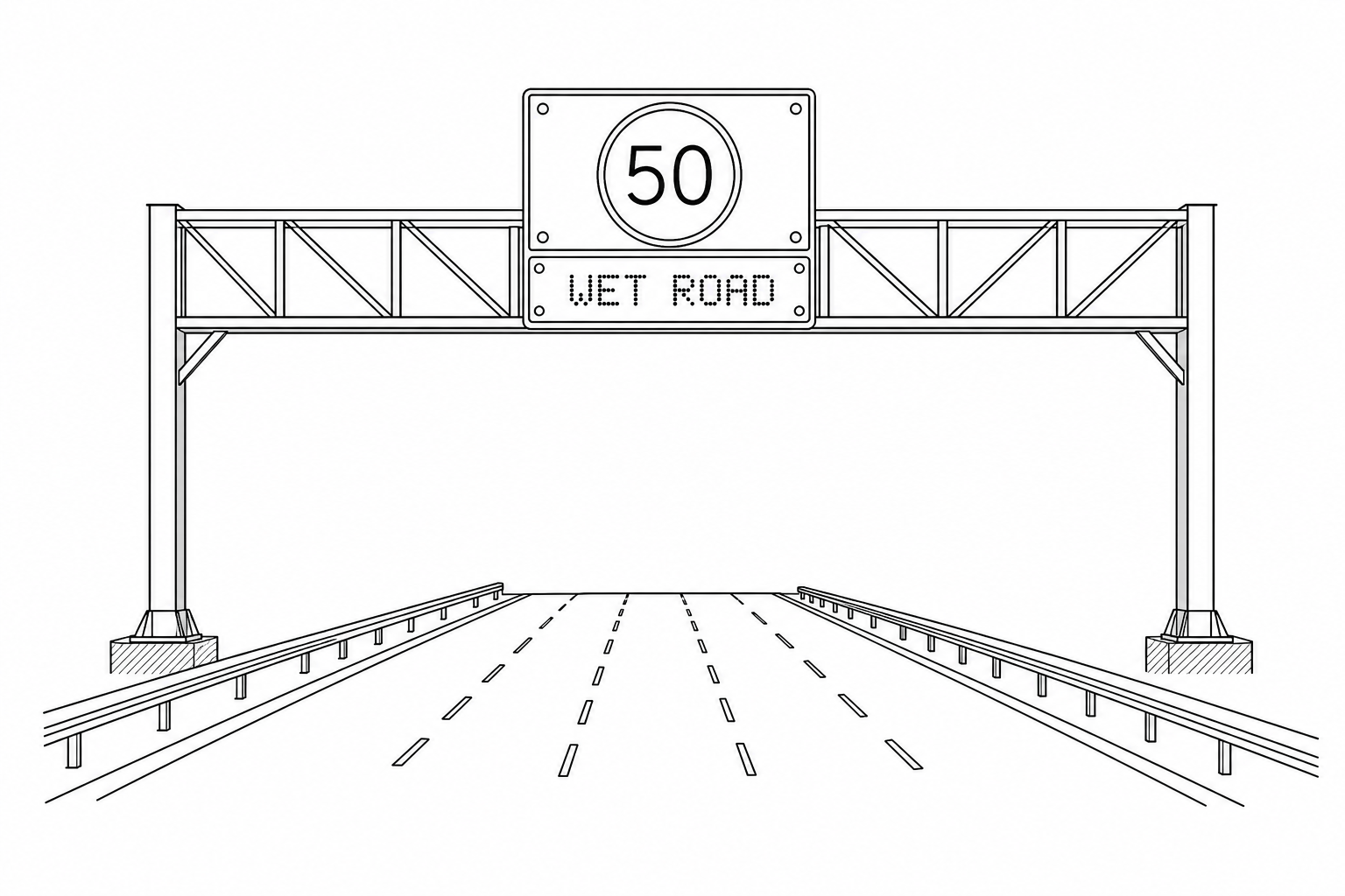 An electronic smart motorway gantry displaying a speed limit of 50 mph in a red circle, with an amber warning text display below reading 'WET ROAD'. The normal speed limit for this motorway is 70 mph.