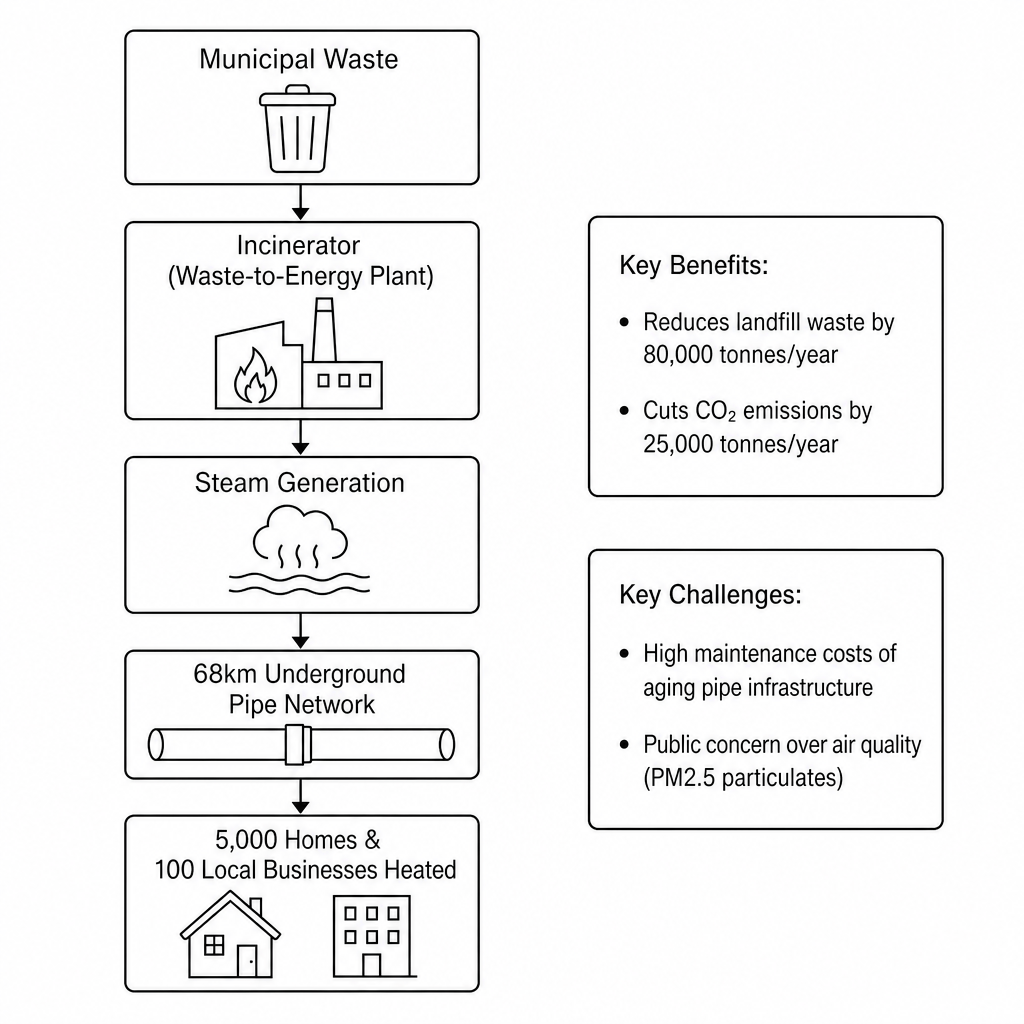Fig 6: Flow diagram of Nottingham's Enviroenergy district heating scheme. It shows municipal waste is incinerated to generate steam, heating 5,000 homes and 100 local businesses through a 68km underground pipe network. Key benefits: reduces landfill waste by 80,000 tonnes per year and cuts CO2 emissions by 25,000 tonnes per year. Key challenges: high maintenance costs of aging pipe infrastructure and local public concern over air quality particulates (PM2.5).