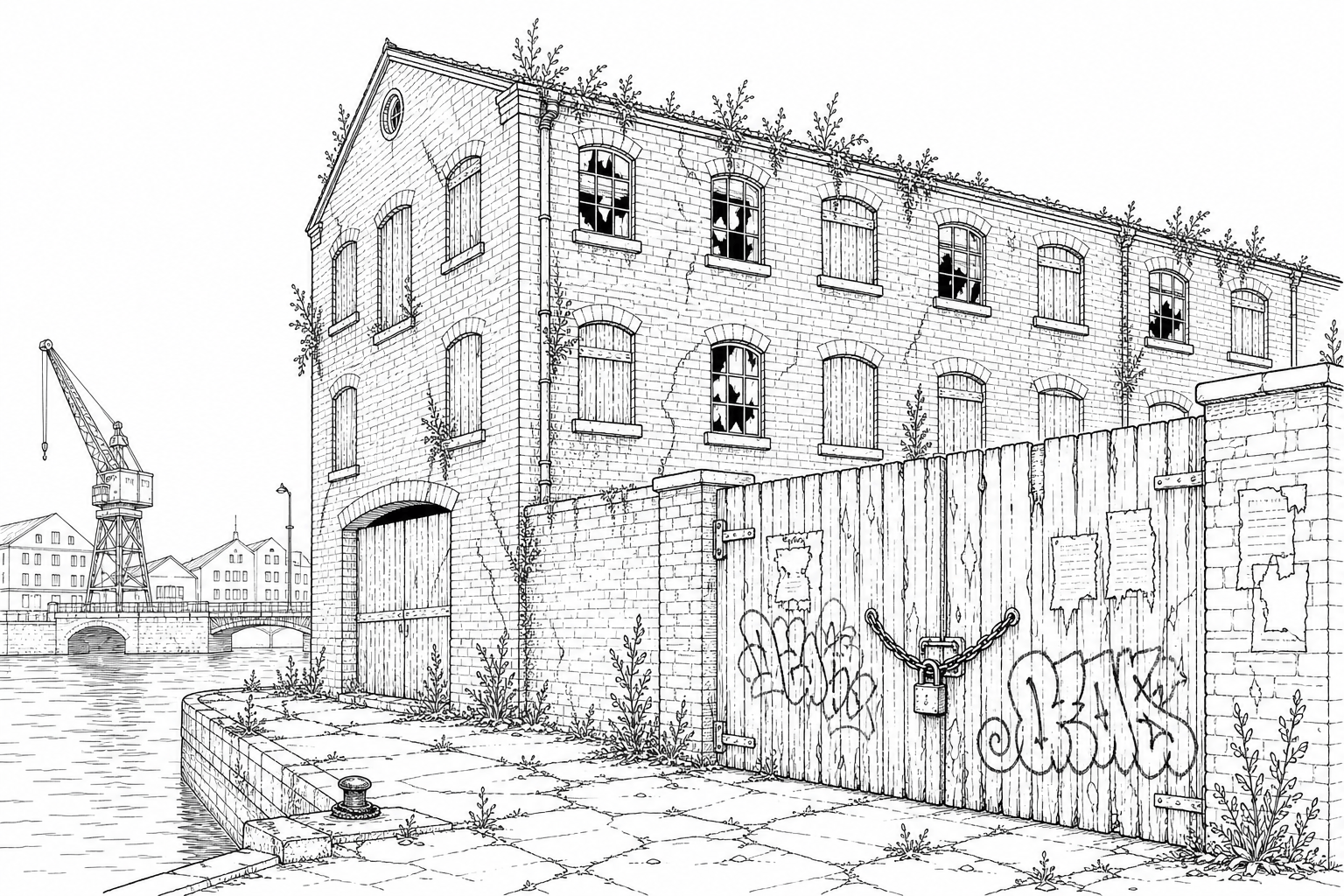 A photograph showing a Victorian-era dockland warehouse along the River Clyde in Glasgow. The brick building has several boarded-up windows and cracked glass on the upper floors. Wild vegetation and thick weeds are growing out of the blocked guttering and through cracks in the surrounding concrete yard. A rusted metal chain secures a closed, peeling wooden gate, which has several layers of faded, torn flyers and vibrant graffiti spray-painted across its lower half.
