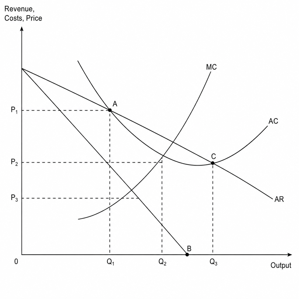 A graph showing Revenue, Costs, Price on the vertical axis and Output on the horizontal axis.