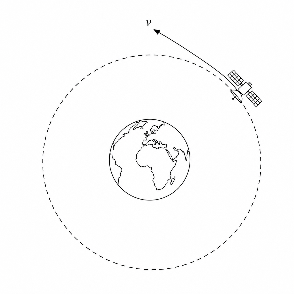 A weather satellite orbiting Earth in a circular path. An arrow labeled 'v' shows the instantaneous velocity of the satellite tangent to the circular orbit, indicating its direction of motion.