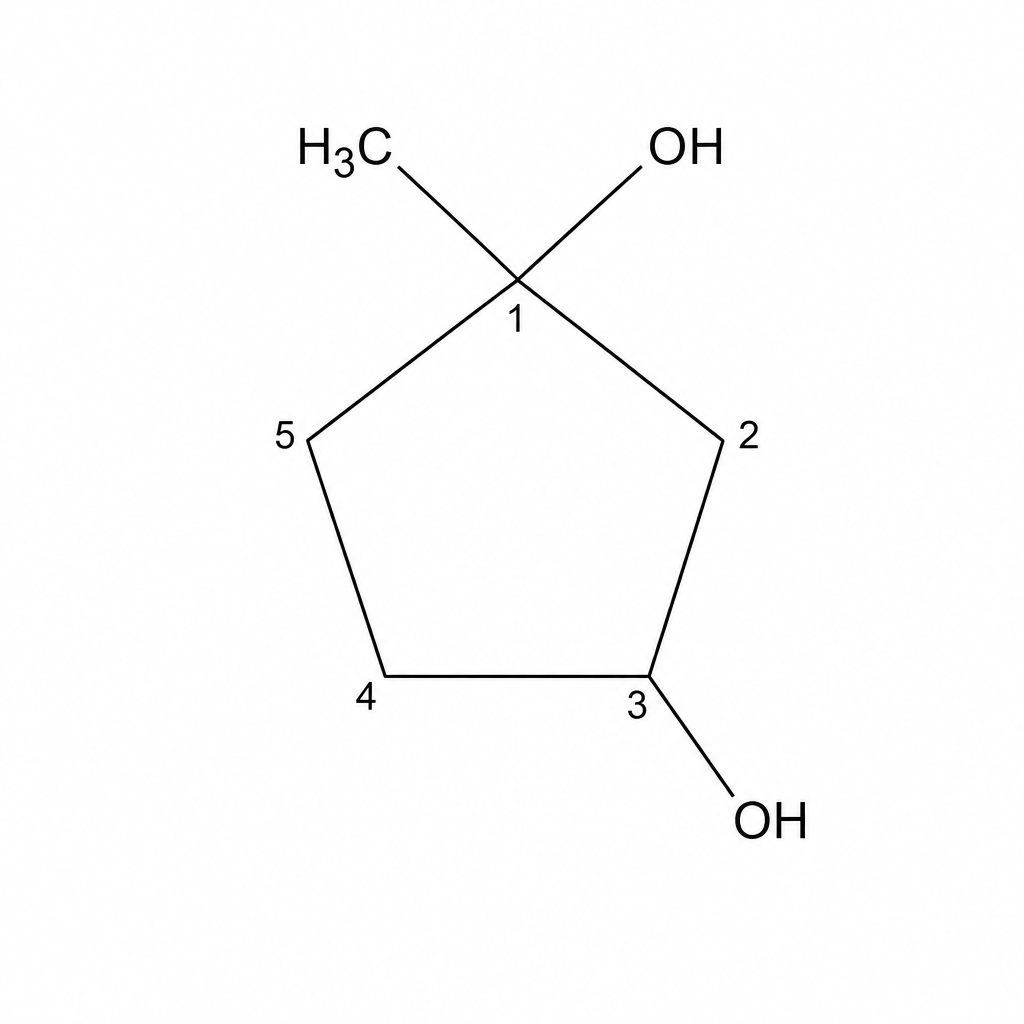 Skeletal structure of Compound F: 1-methylcyclopentane-1,3-diol. A five-membered cyclopentane ring where Carbon-1 is bonded to a methyl group and a hydroxyl (-OH) group, and Carbon-3 is bonded to a hydroxyl group (-OH).